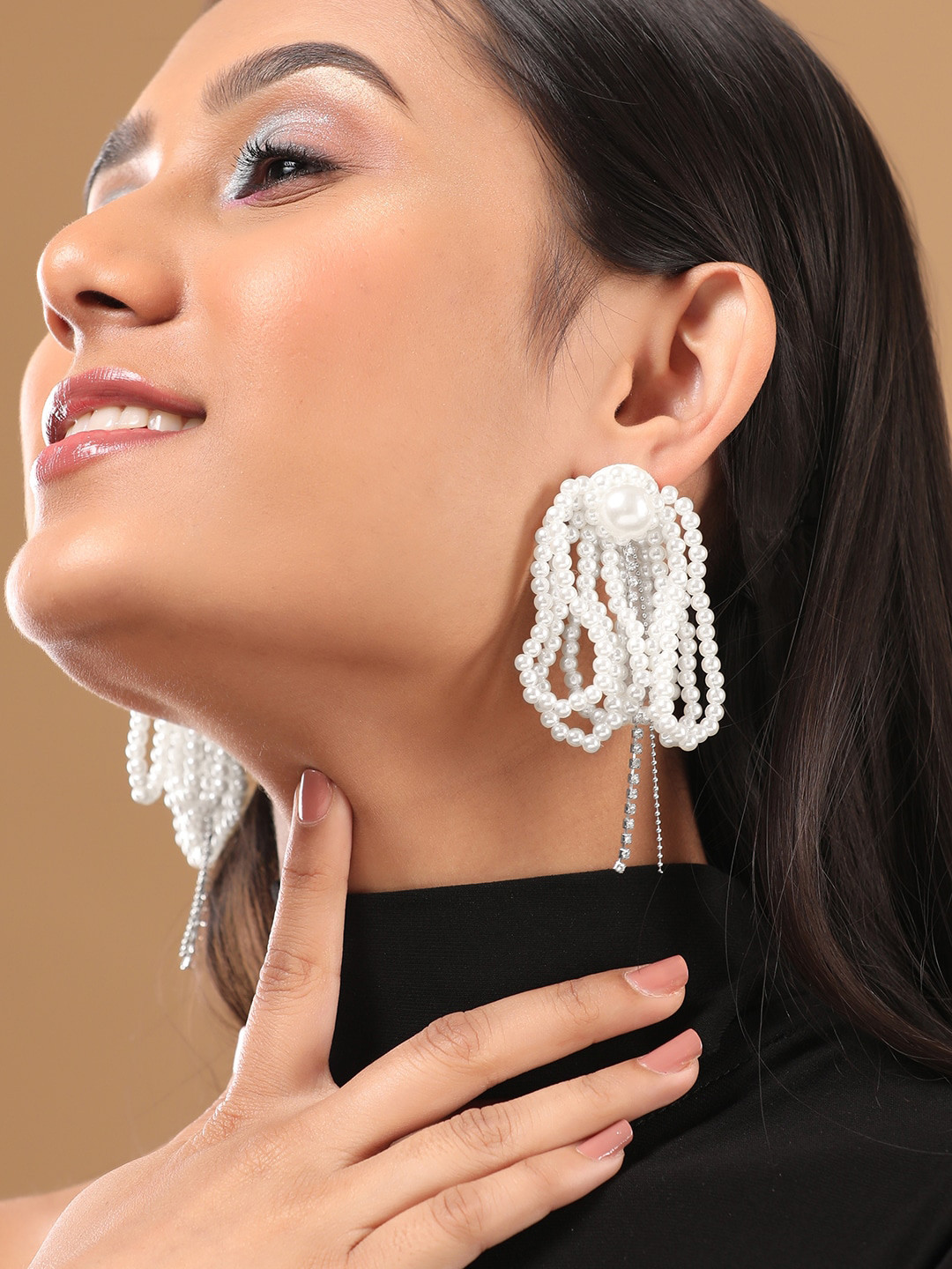 Rubans Voguish Silver Plated White Pearl Beaded & Studded Big Drop Earrings