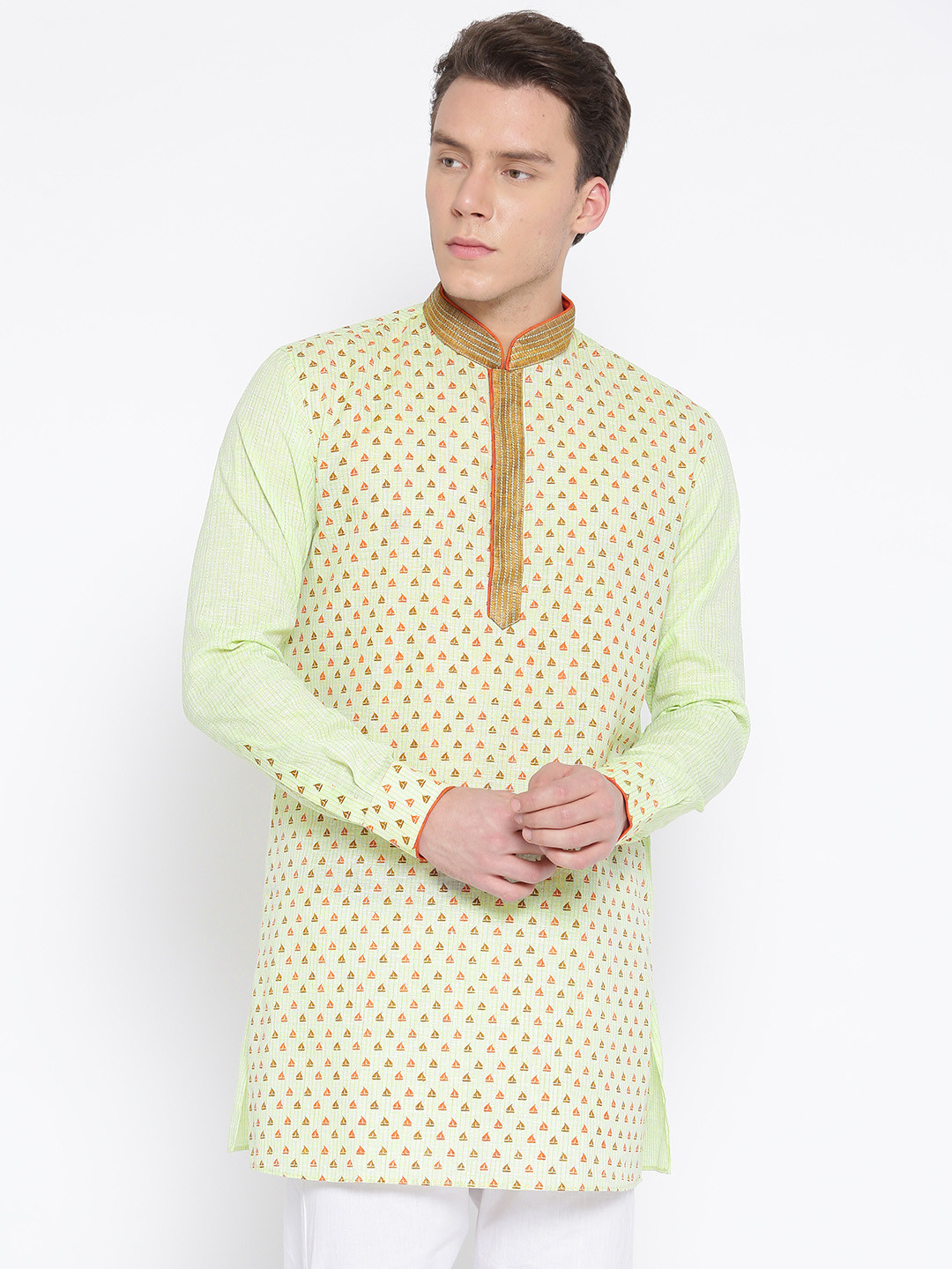 Manish Creations Men Green & Orange Printed Straight Kurta