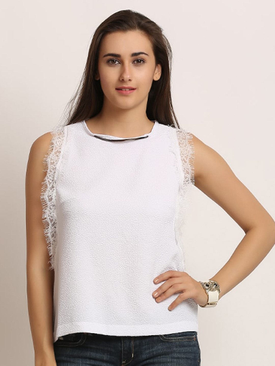 Moda Elementi Self Design Sleeveless Lace-Up Detailed Cotton Top