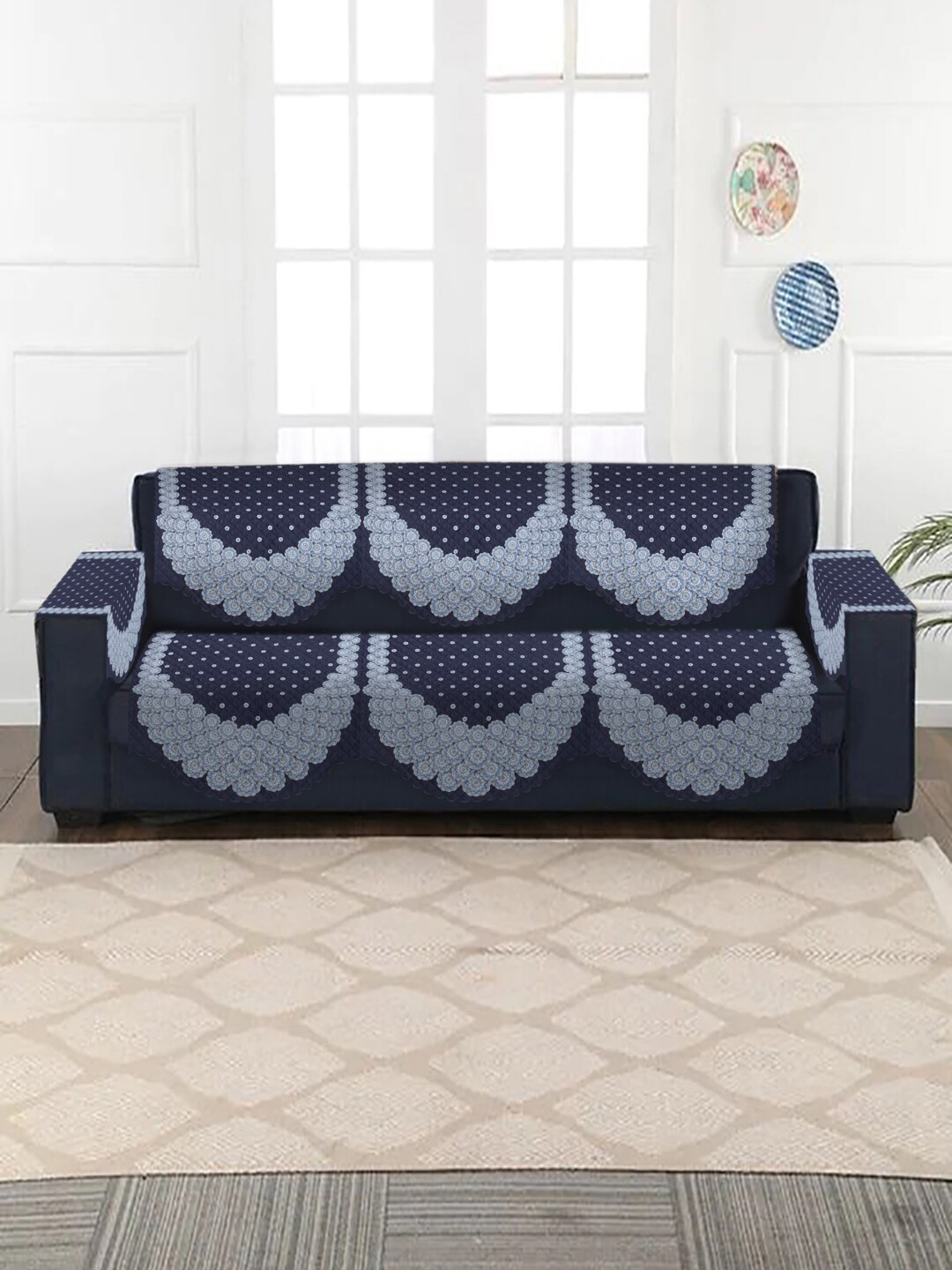 SOKNACK 4-Pcs Navy-Blue & White Ultra Punched Velvet 3-Seater Sofa & Arm Rest Covers