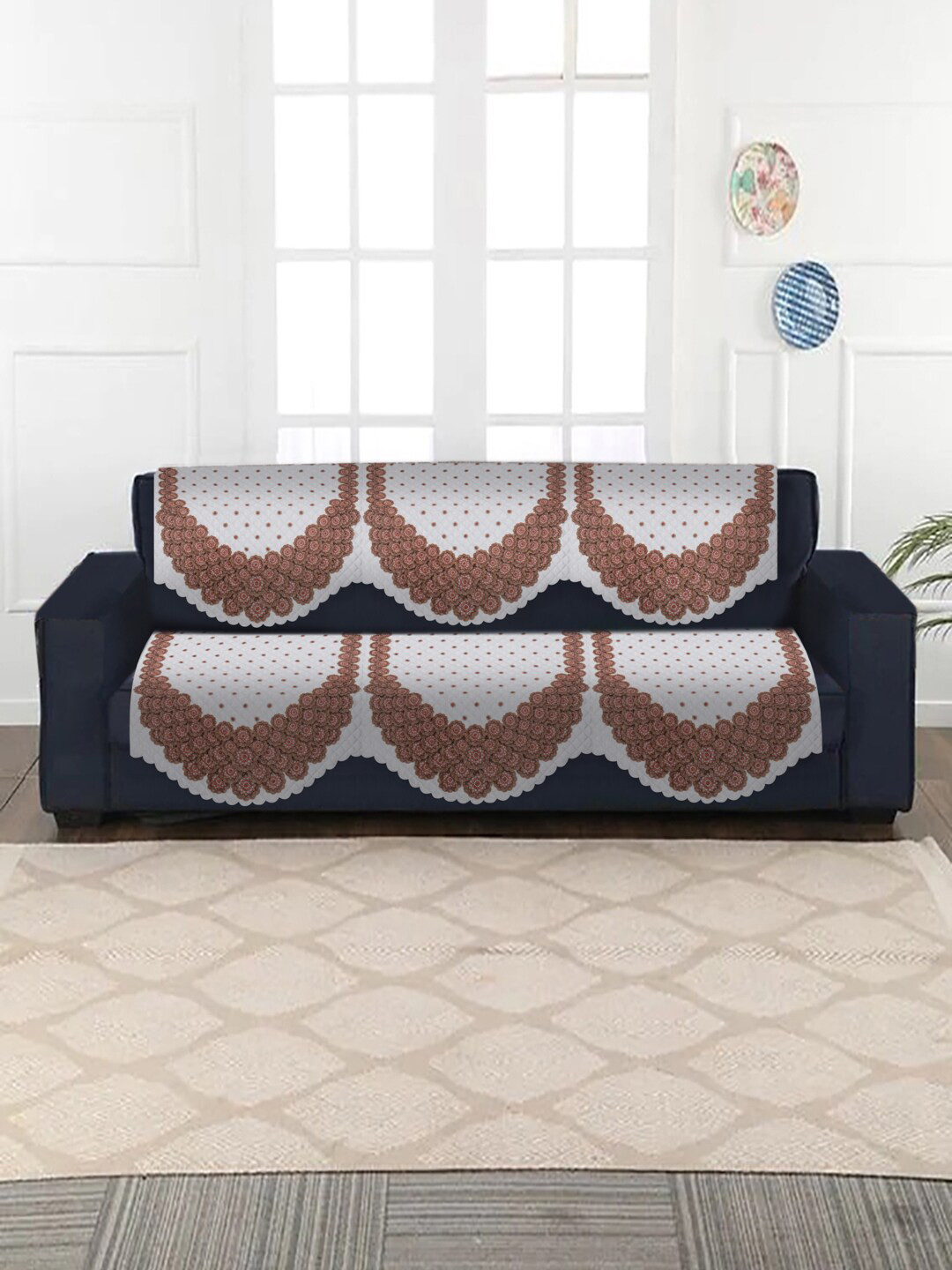 SOKNACK 2-Pcs White & Brown Ultra Punched Printed Soft Velvet 3-Seater Sofa Covers