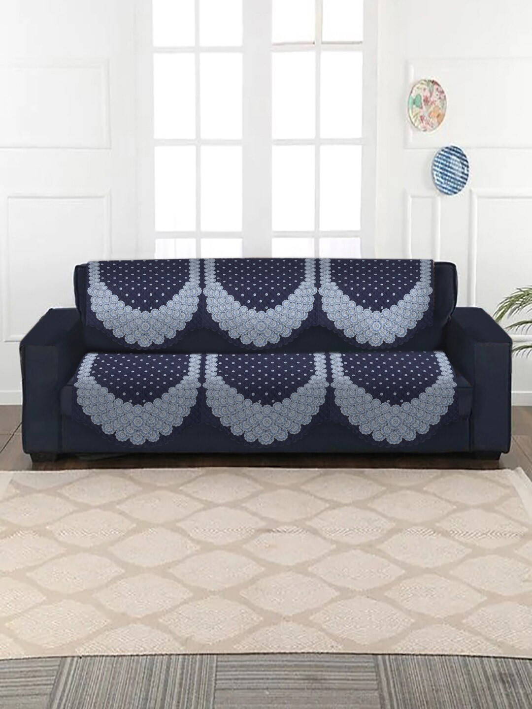 SOKNACK 4-Pcs Navy Blue & White Printed Ultrasonic Punched Velvet  3-Seater Sofa Covers