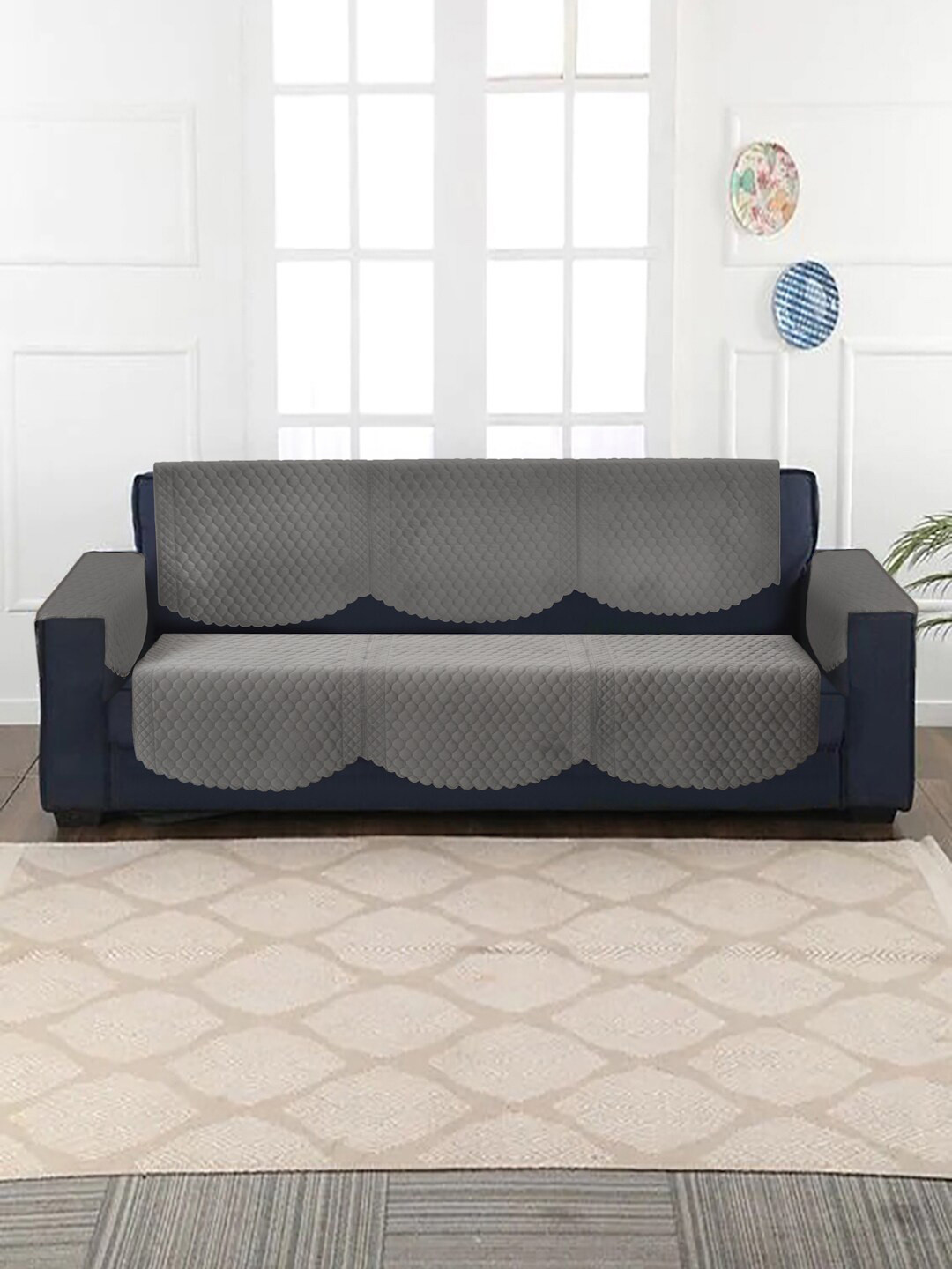 SOKNACK 4-Pcs Grey Quilted Self Design Velvet  3-Seater Sofa Covers With Arm Rests