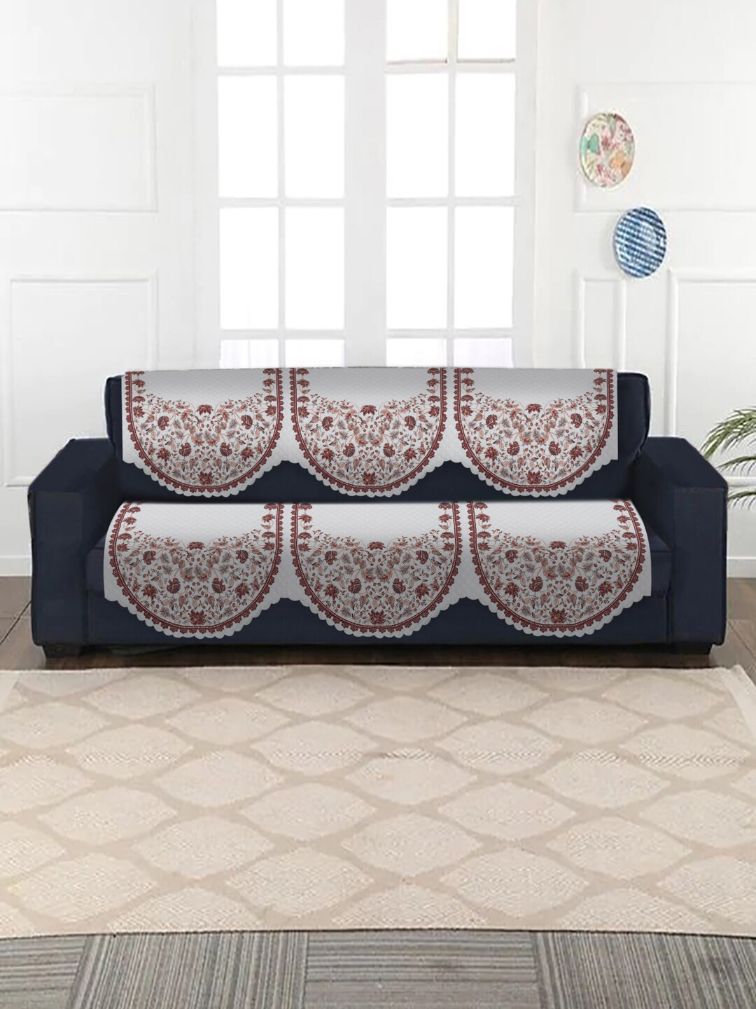 SOKNACK White & Red Printed Ultrasonic Punched Velvet 3-Seater Sofa Covers