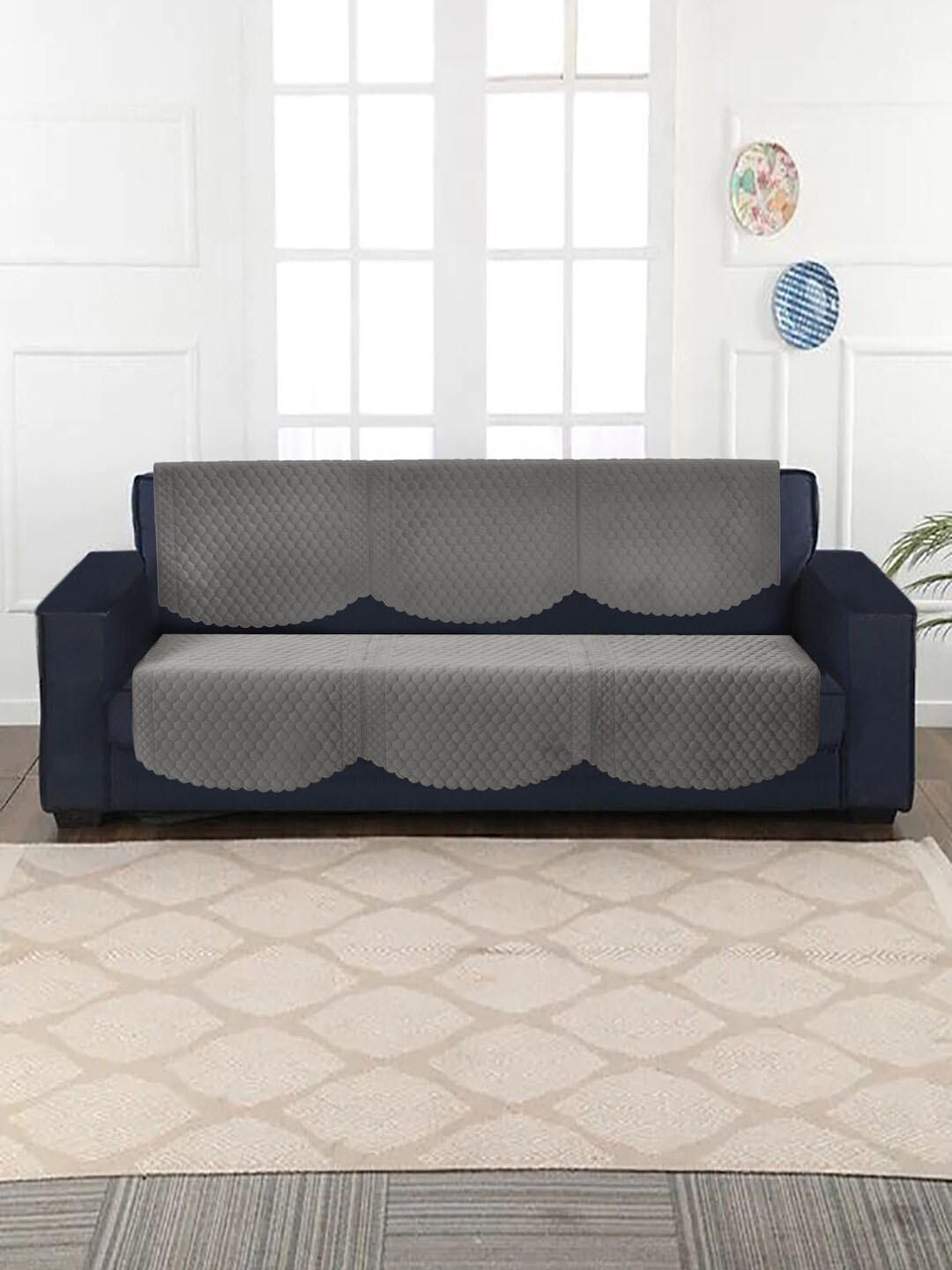 SOKNACK Grey 3 Seater Quilted Velvet Sofa Covers