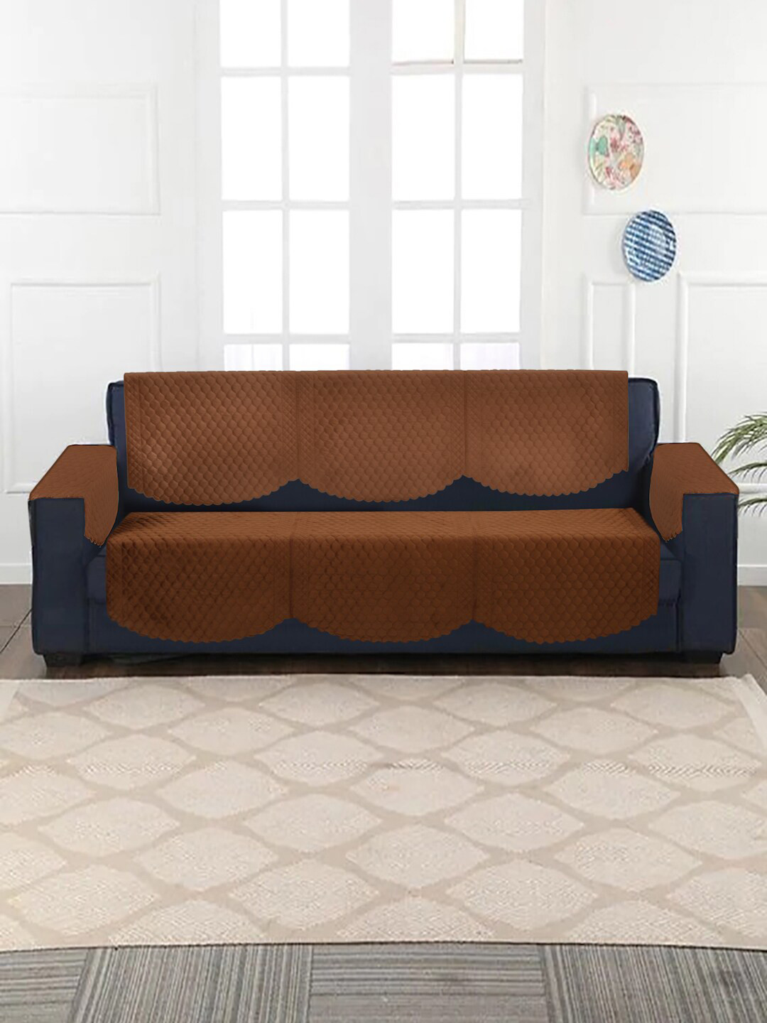 SOKNACK Brown Quilted Velvet  3-Seater Sofa Covers With Arm Rest Covers