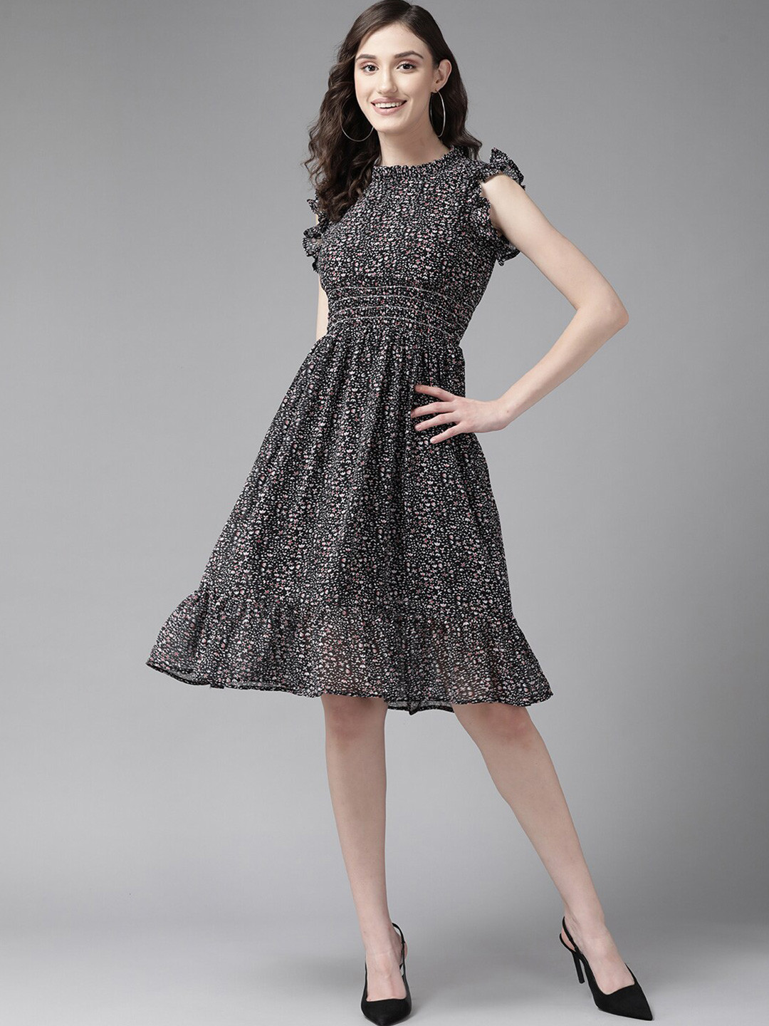 BAESD Animal Print Flutter Sleeve Georgette Fit & Flare Dress