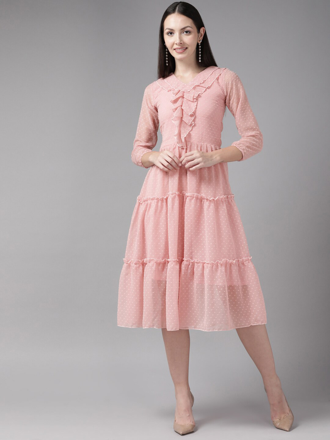 BAESD Puff Sleeve Georgette A-Line Midi Dress