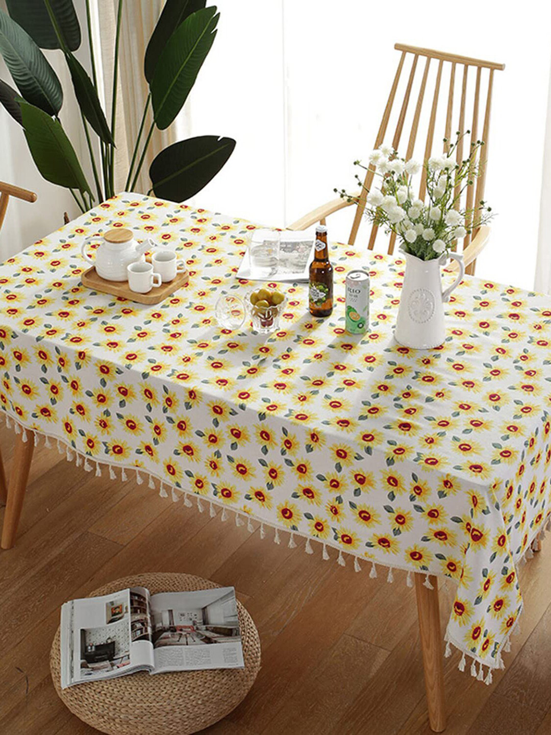 HOUSE OF QUIRK White & Yellow Floral Printed Dust-Proof Cotton Linen 4-Seater Table Cover