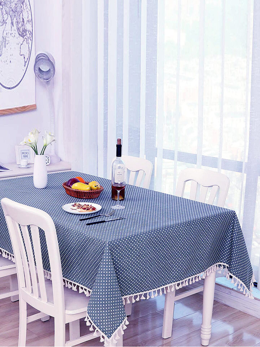 HOUSE OF QUIRK Blue Printed Rectangle Cotton Linen Dust-Proof Table Cover