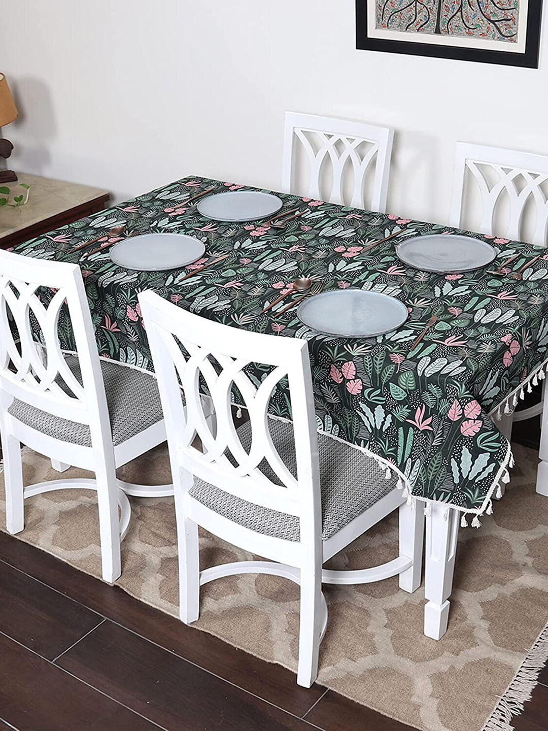 HOUSE OF QUIRK Green & Pink Printed Cotton Linen Dust-Proof 4-Seater Table Cover
