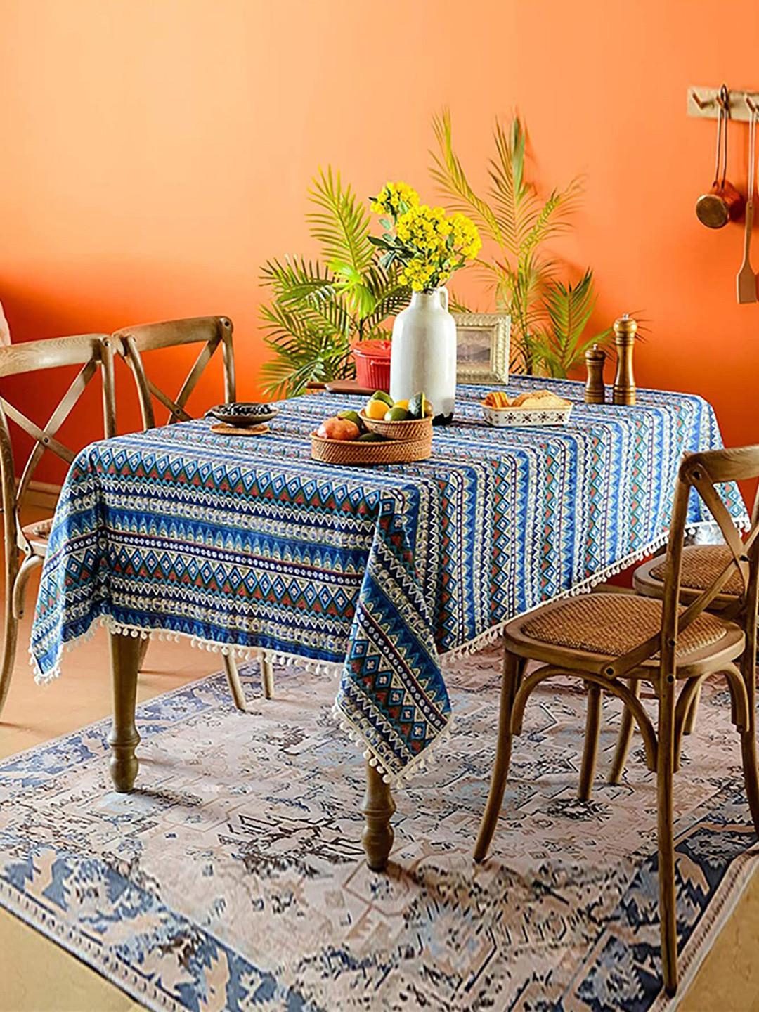 HOUSE OF QUIRK White & Blue Printed Rectangle Cotton Linen Dust-Proof Table Cover