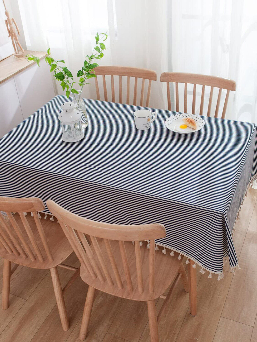 HOUSE OF QUIRK Blue & White Striped Dust-Proof Cotton Linen 4-Seater Table Cover