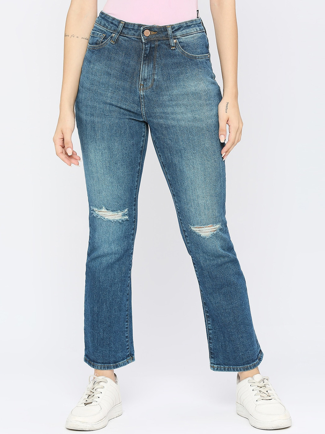 SPYKAR Women Elissa Bootcut High-Rise Slash Knee Light Fade Stretchable Jeans