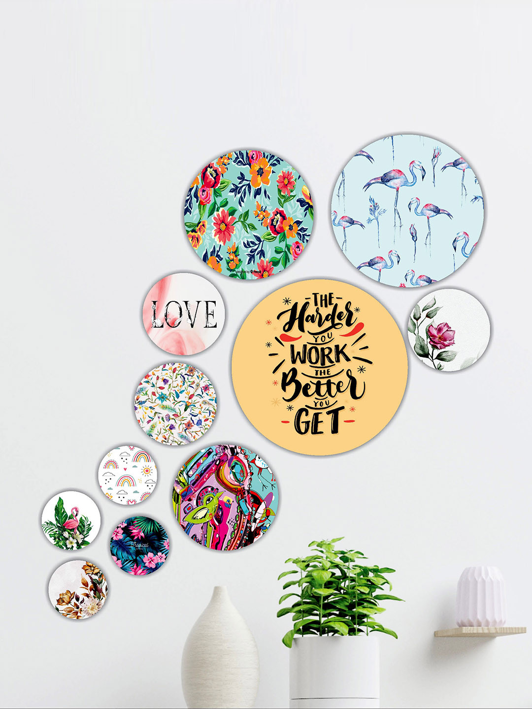 SAF Blue & Yellow 11 Pieces Modern Art UV Textured Round Shape Wall Art Painting