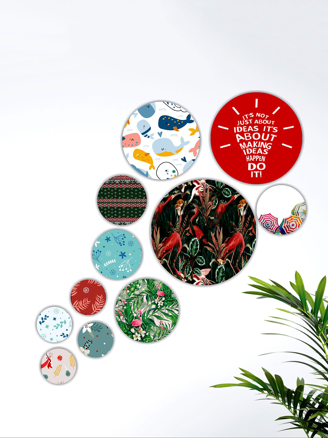 SAF Red & Green 11 Pieces Modern Art UV Textured Round Shape Wall Art Painting