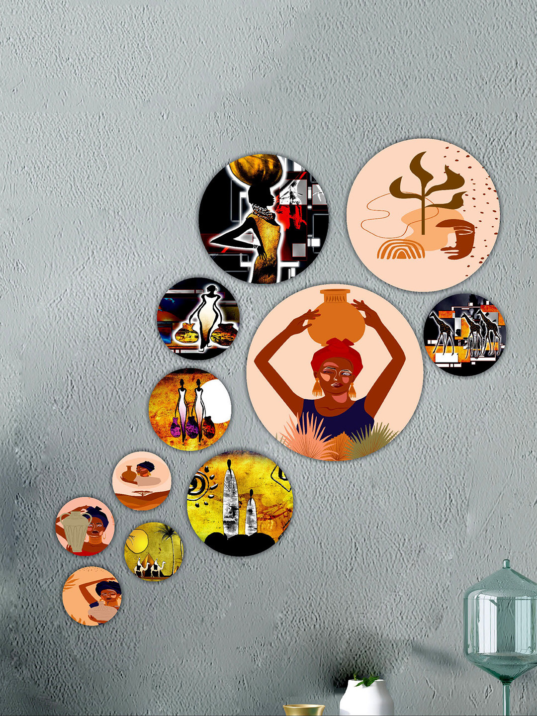 SAF Black & Peach Colored 11 Pieces Modern Art UV Textured Round Shape Wall Art Painting