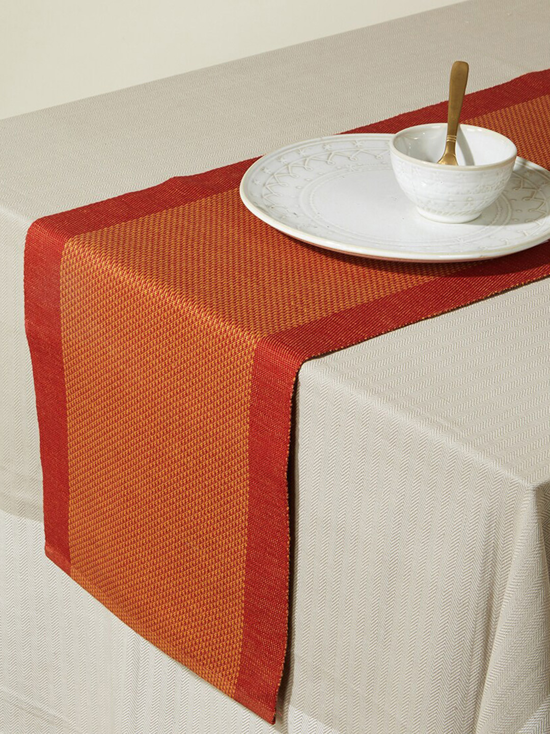 Fabindia Rust Red & Yellow Woven Design Cotton Table Runner