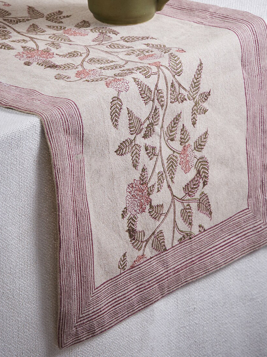 Fabindia Maroon & Beige Ayira Cotton Hand Block Printed Cotton Table Runner