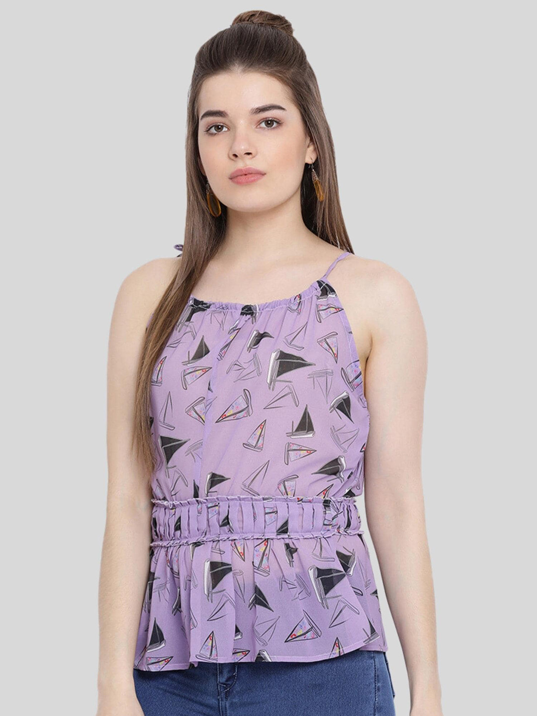 Moda Elementi Conversational Printed Shoulder Straps Ruffled Cotton Top