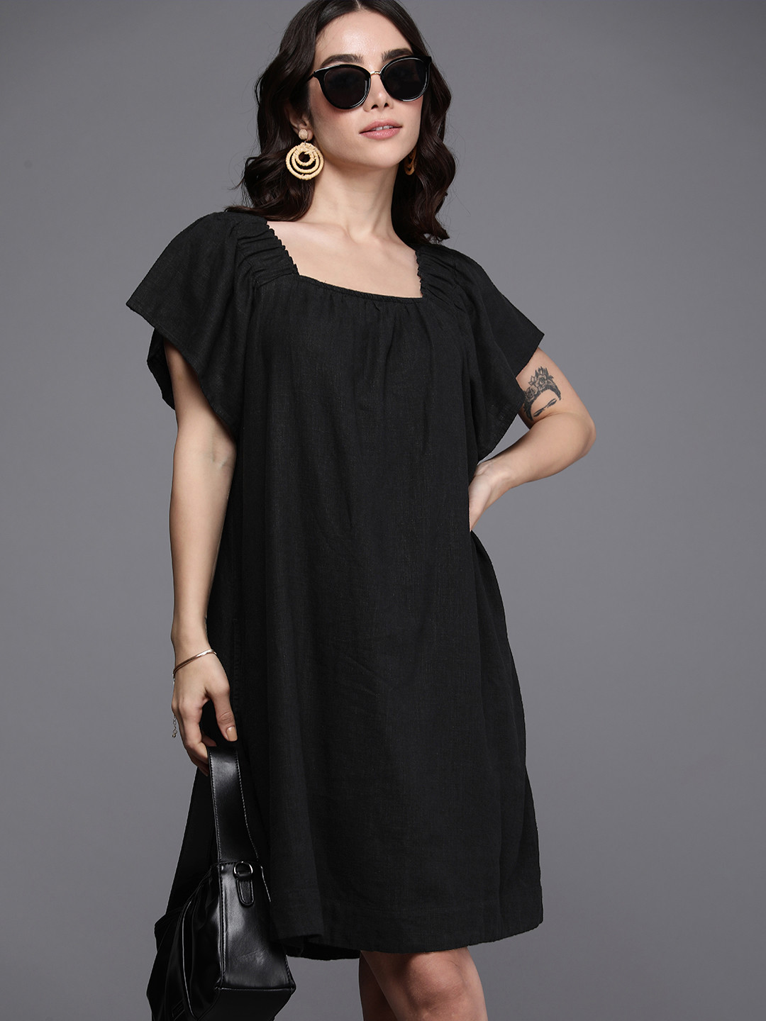 NEXT Self Design Square Neck Flutter Sleeves Above Knee A-Line Dress