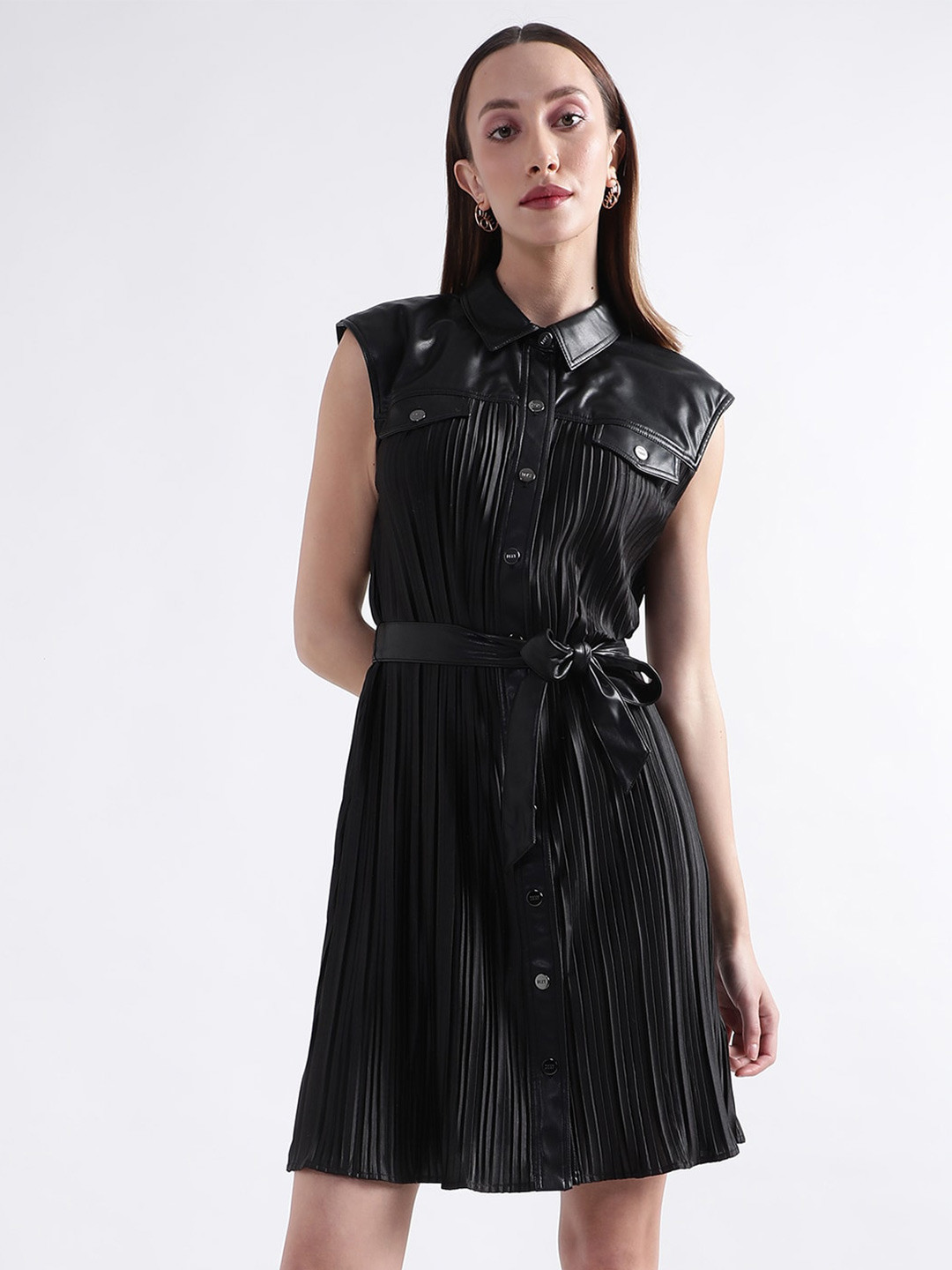 DKNY Sleeveless Belted Pleated Shirt Dress