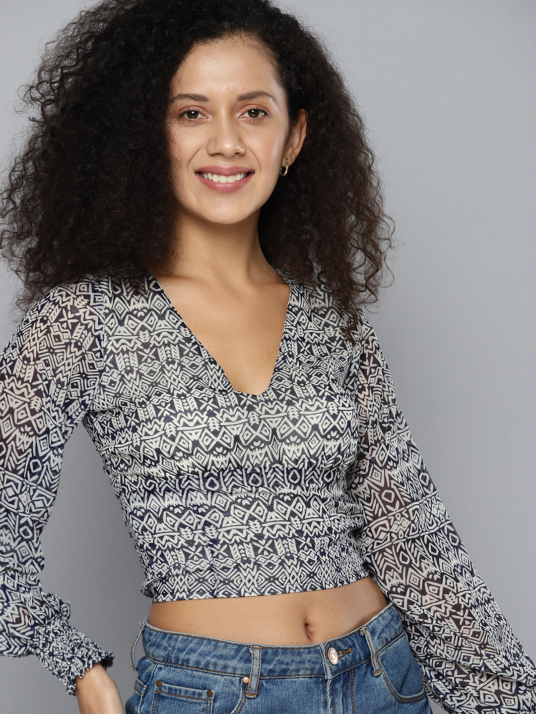 Mast & Harbour Print Puff Sleeve Georgette Crop Top
