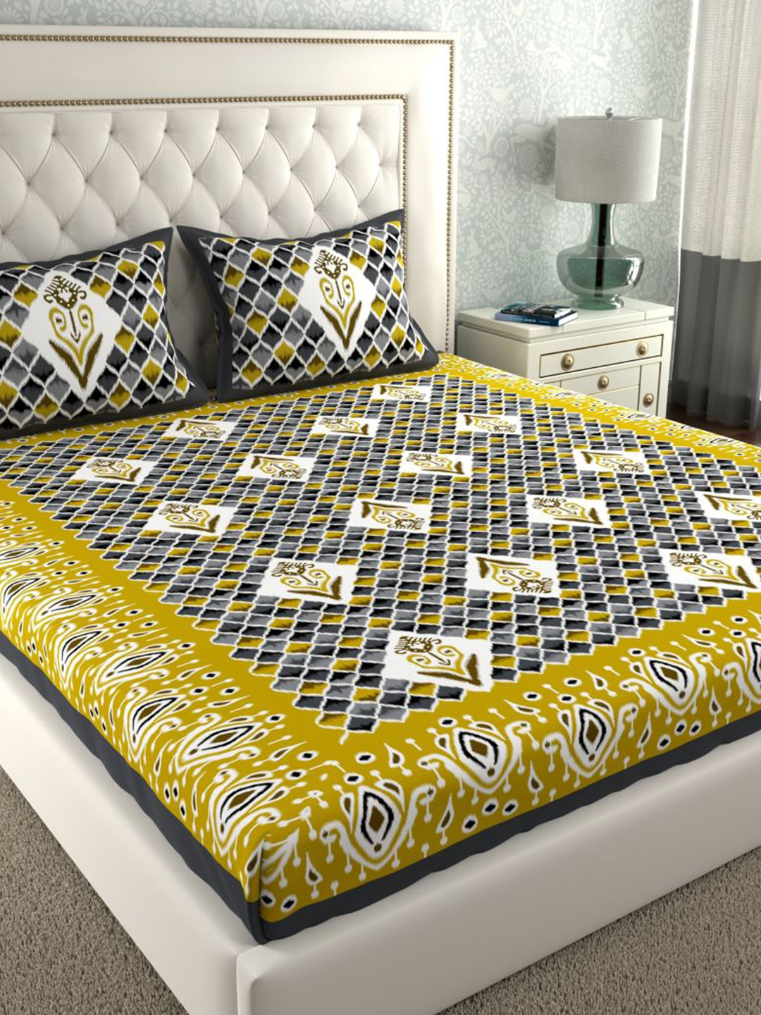 LA VERNE White Graphic Cotton 140 TC King Bedsheet with 2 Pillow Covers-93 x 108 inches