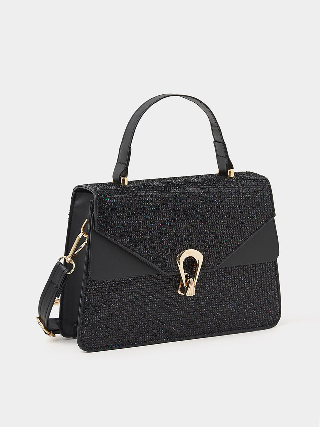 Styli Black Geometric PU Structured Satchel with Cut Work