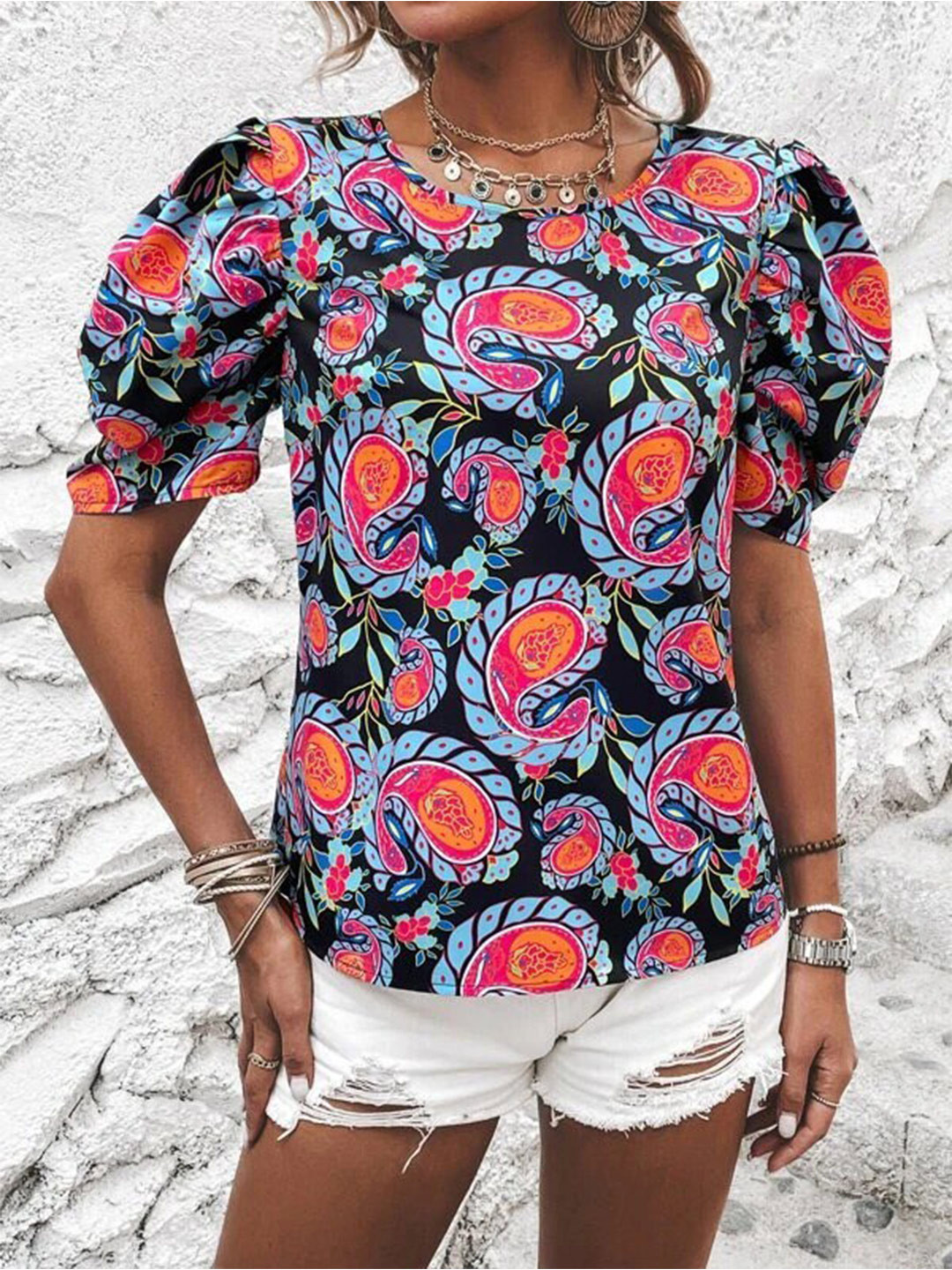 RAJOVATI Floral Printed Puff Sleeves Top