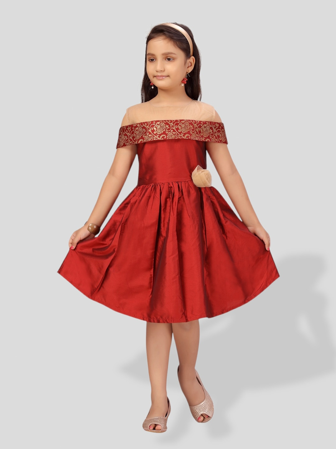 BAESD Girls Off-Shoulder Fit & Flare Silk Dress