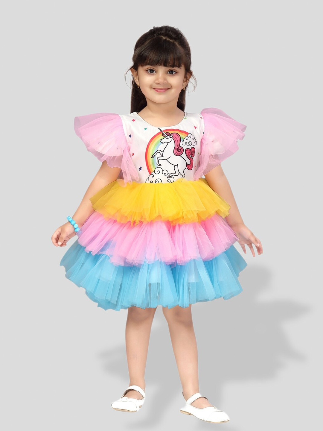 BAESD Girls Unicorn Printed Flutter Sleeve Layered Net Fit & Flare Dress