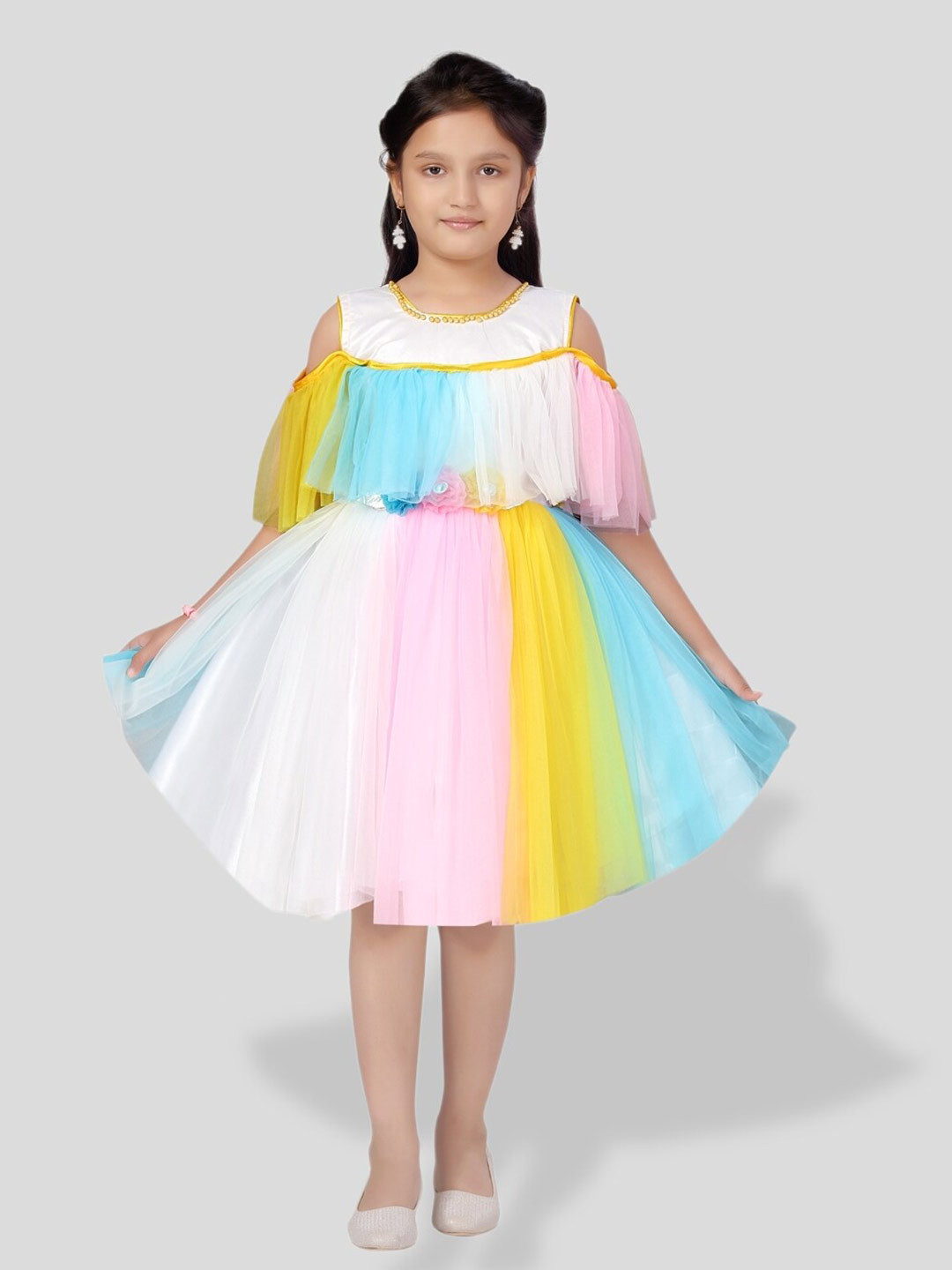 BAESD Girls Colourblocked Gathred Or Pleated Fit & Flare Dress
