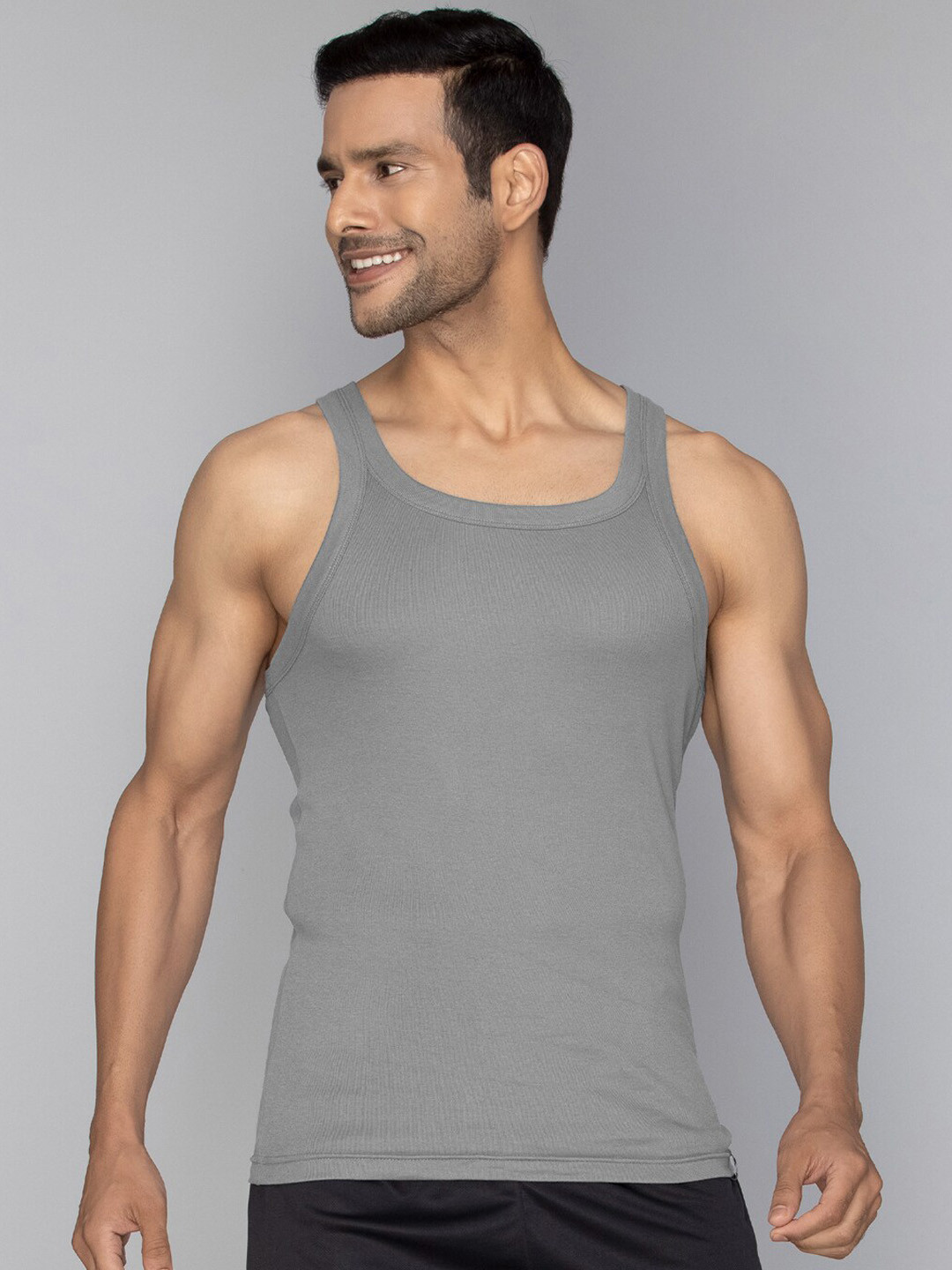 XYXX Men Solid Pace Super Combed Cotton Grey Ribbed Square Neck Gym Vest