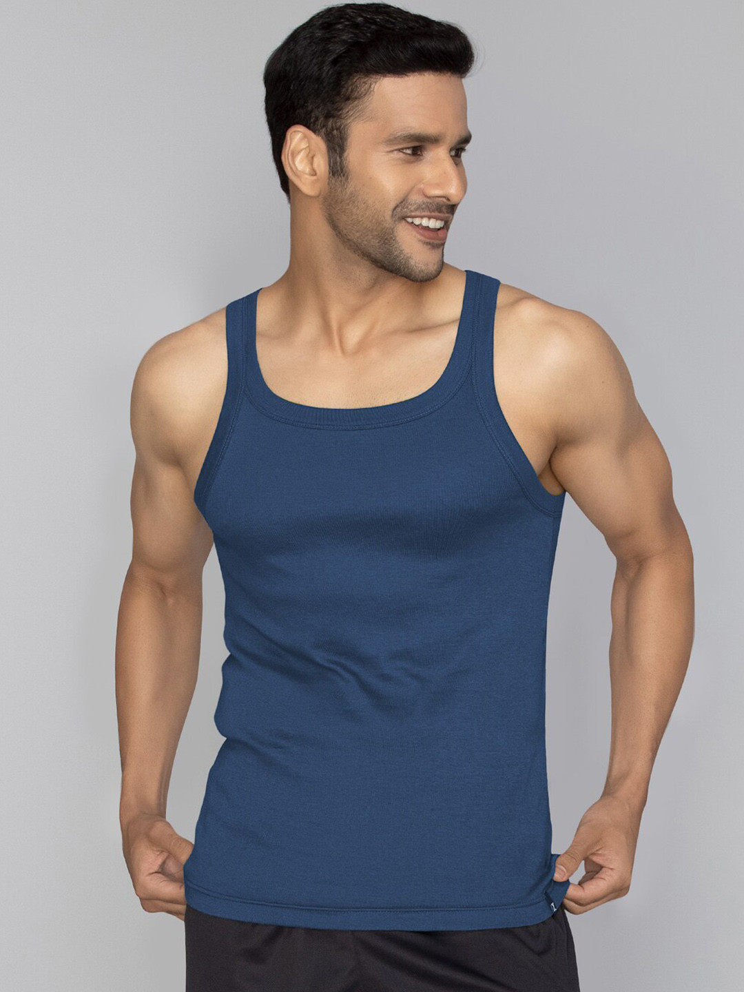 XYXX Men Solid Pace Super Combed Cotton Navy Blue Ribbed Square Neck Gym Vest