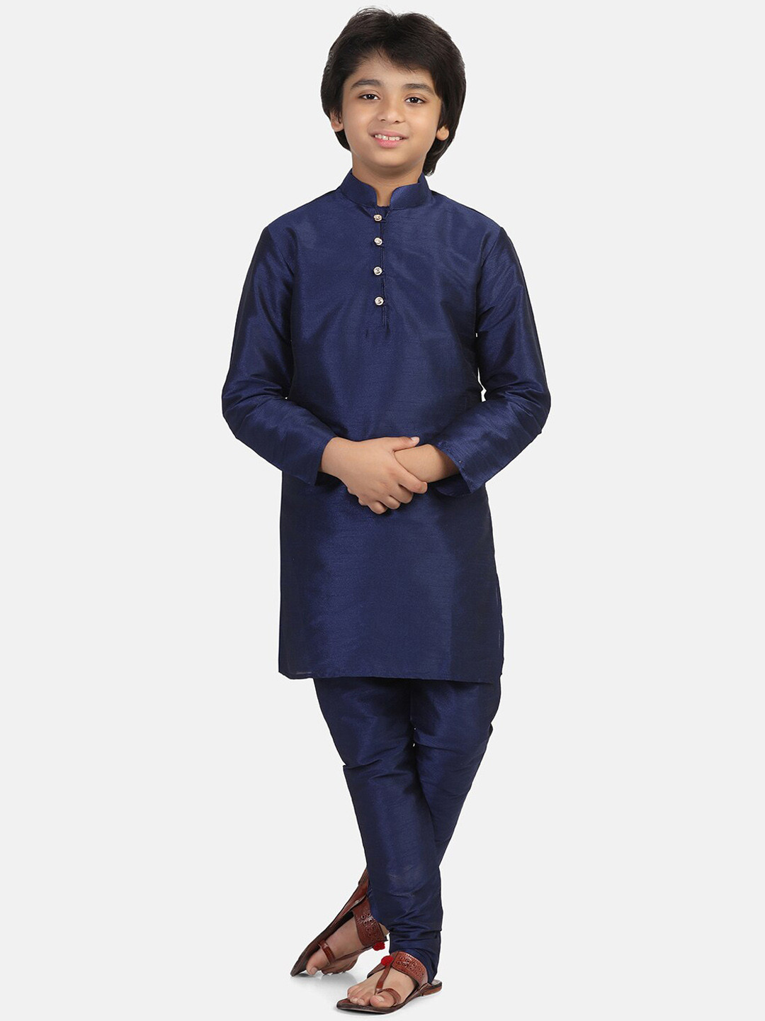 TAHVO Boys Mandarin Collar Dupion Silk Kurta With Churidar