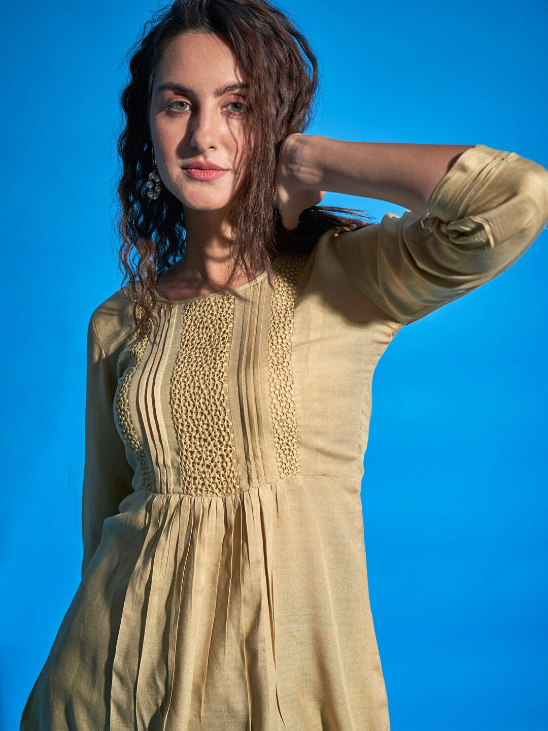 Sangria Schiffly Lace & Pleating Flared Top