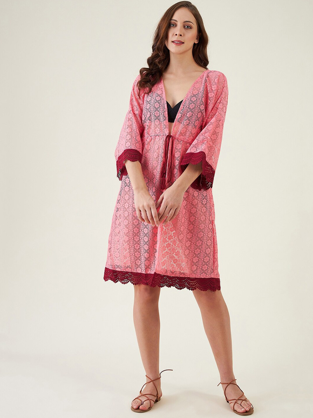 The Kaftan Company Pink & Maroon Self Design Swimwear Cover Up Top