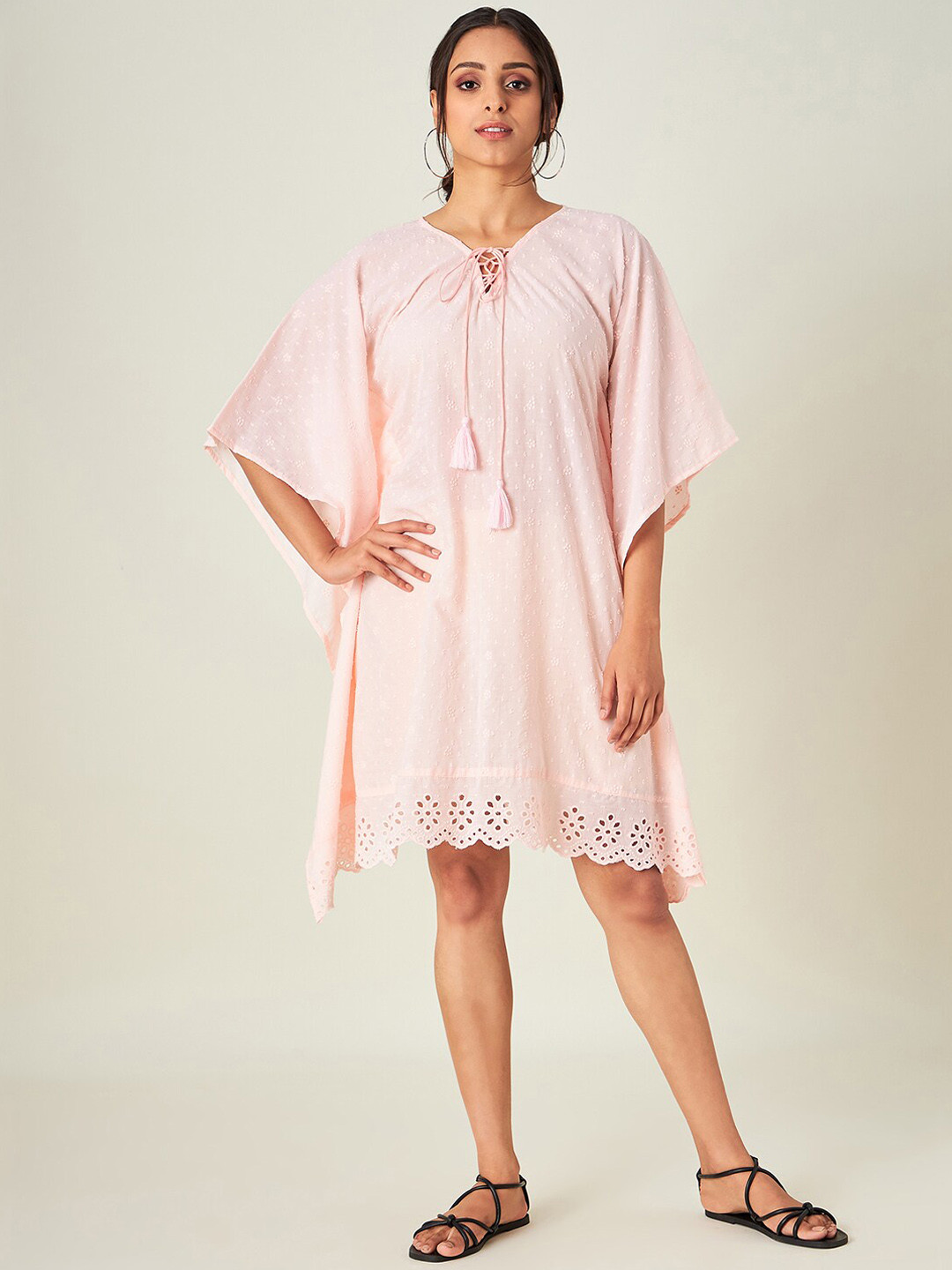 The Kaftan Company Pink Self-Design Swimwear Cover Up Top