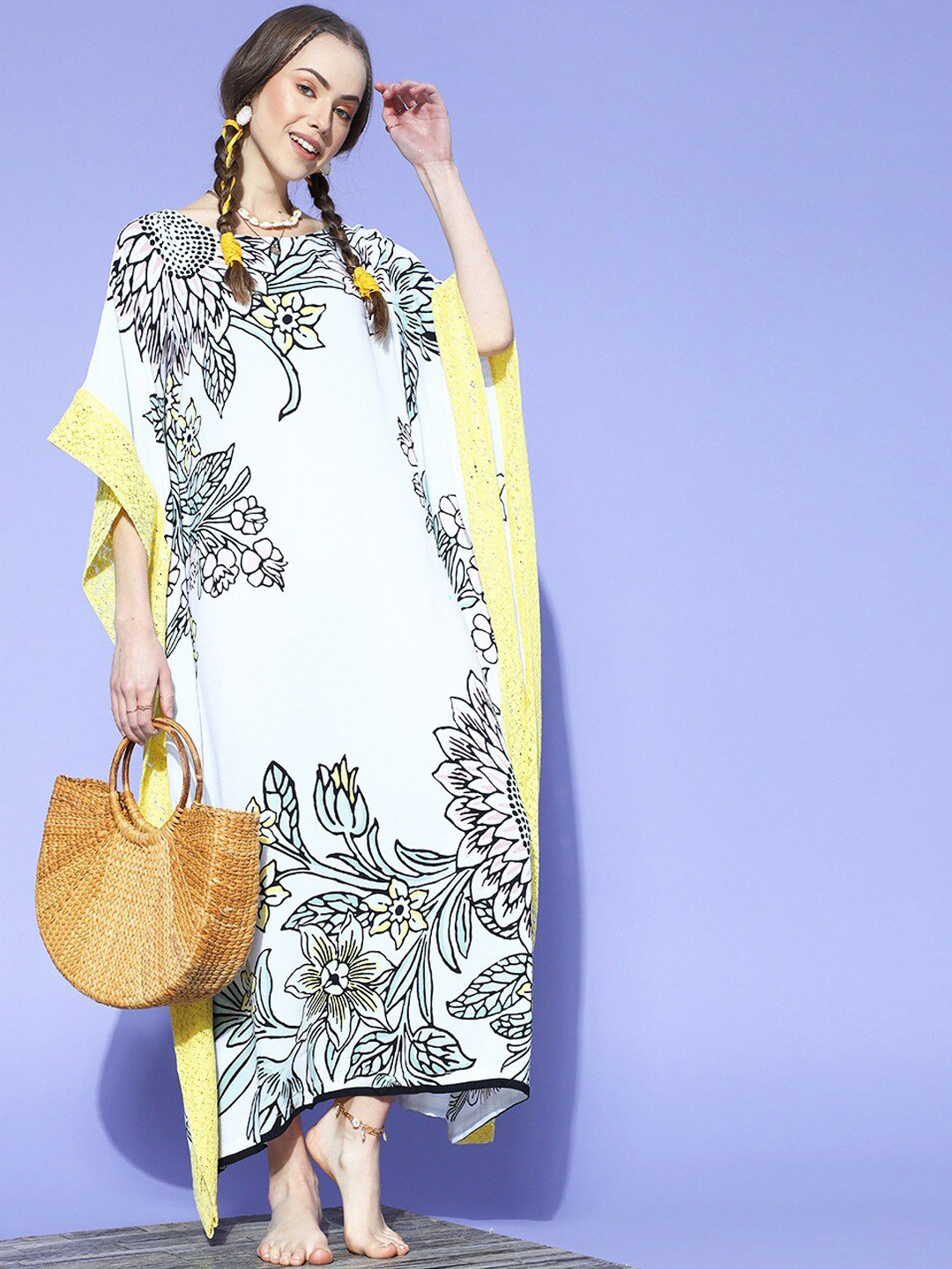 The Kaftan Company White & Yellow Printed Swimwear Cover Up Top