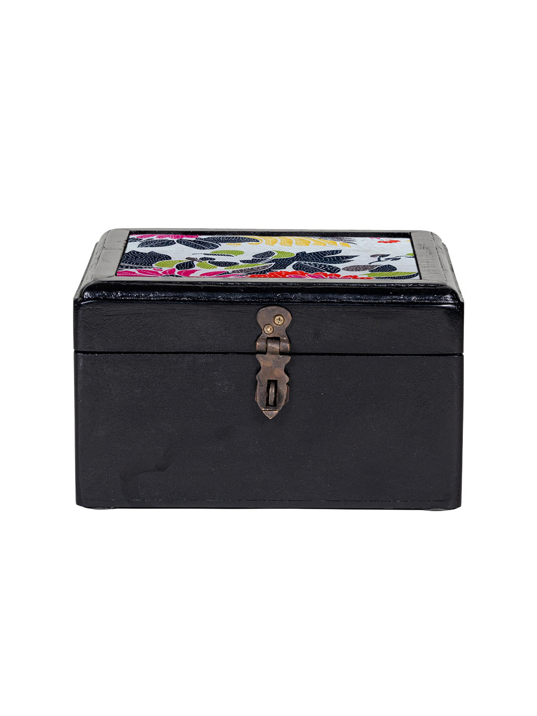 Contrast Living Black Floral Painted Wooden Decorative Jewellery Box