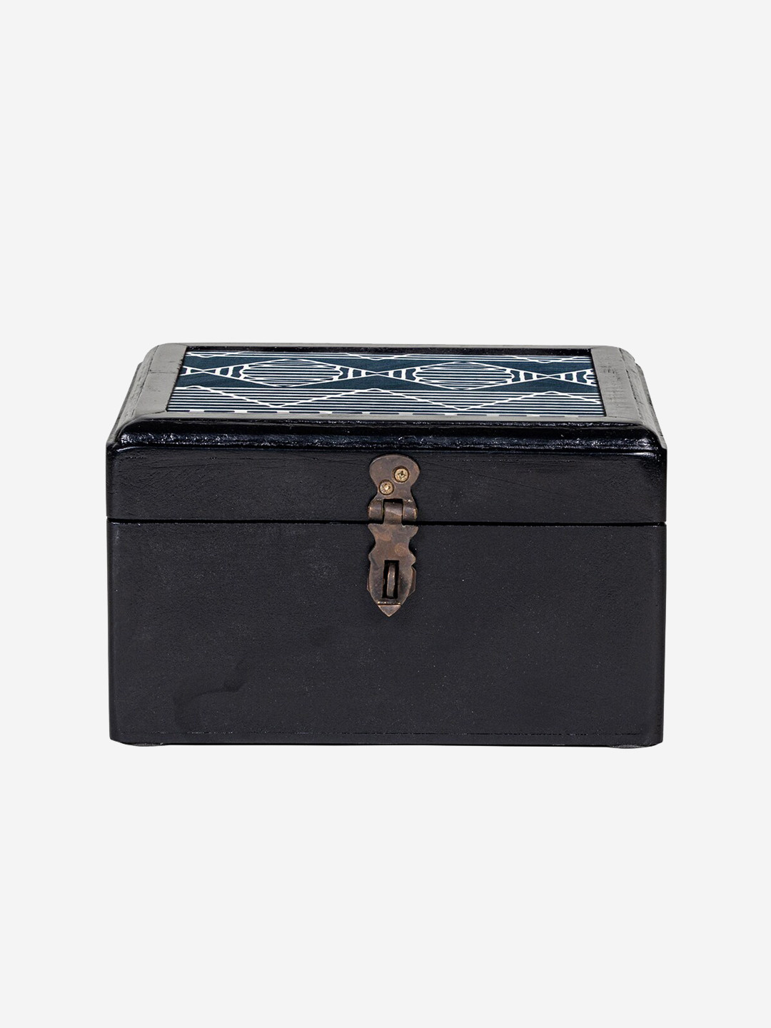 Contrast Living Turquoise Blue Geometric Printed Wooden Jewellery Box