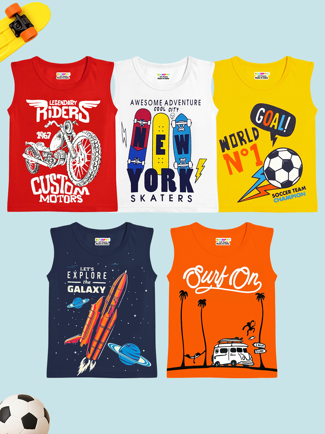 KUCHIPOO Boys Pack Of 5 Graphic Printed Sleeveless T-Shirts