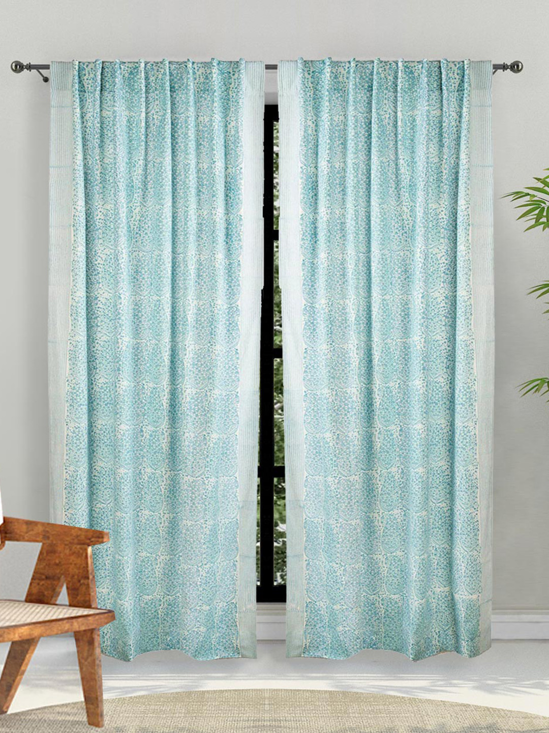 Fabindia Dayita Teal & White Ethnic Motifs Cotton Room Darkening Window Curtain