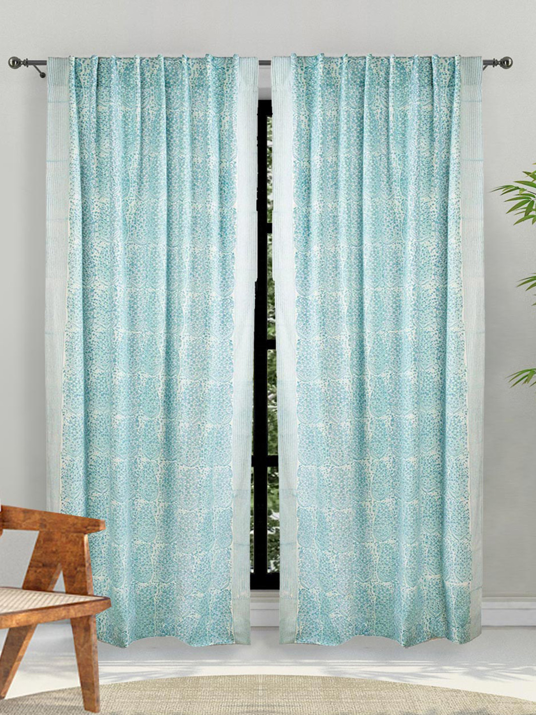 Fabindia Blue & White Floral Cotton Linen Door Curtain