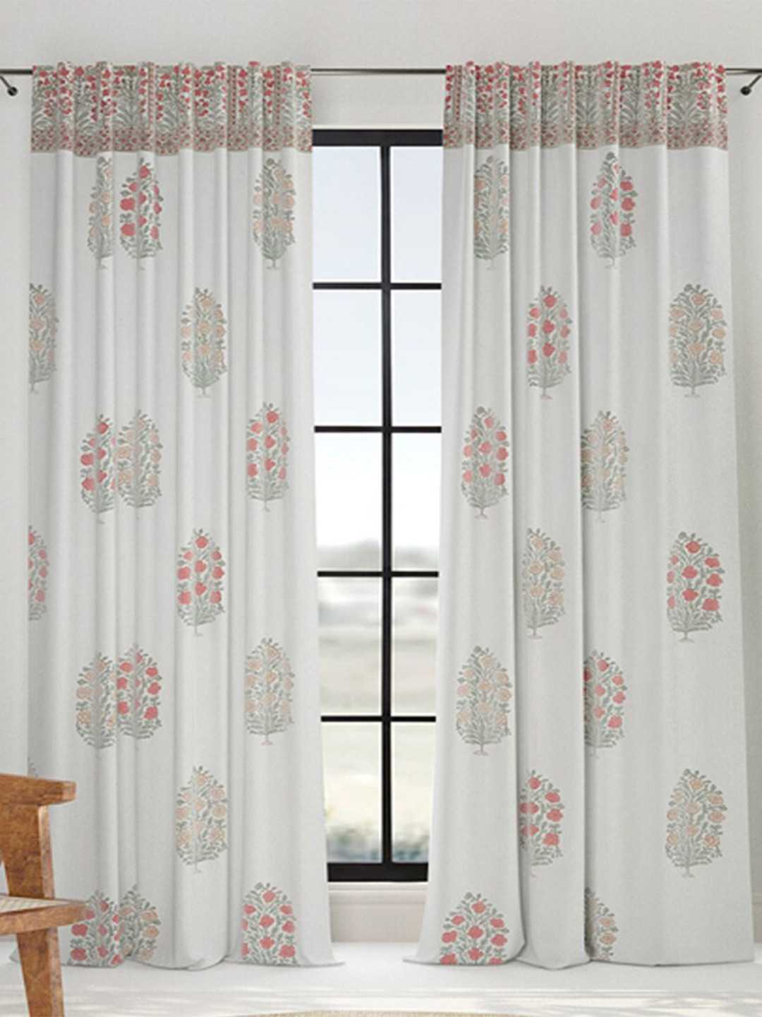 Fabindia Dawaik White & Red Ethnic Motifs Printed Sheer Window Curtain