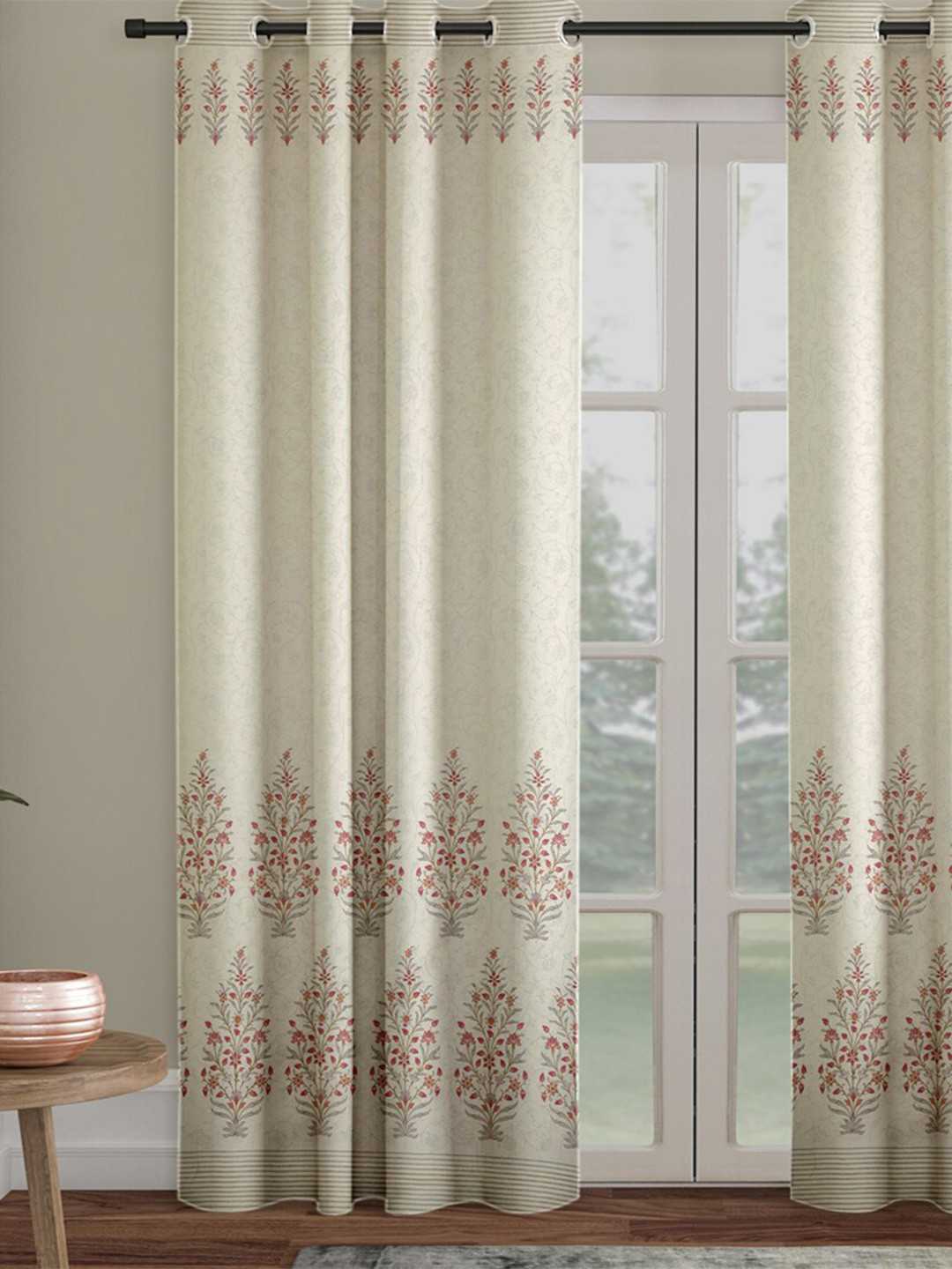 Fabindia Kathit Pink Ethnic Motifs Printed Sheer Long Door Curtain