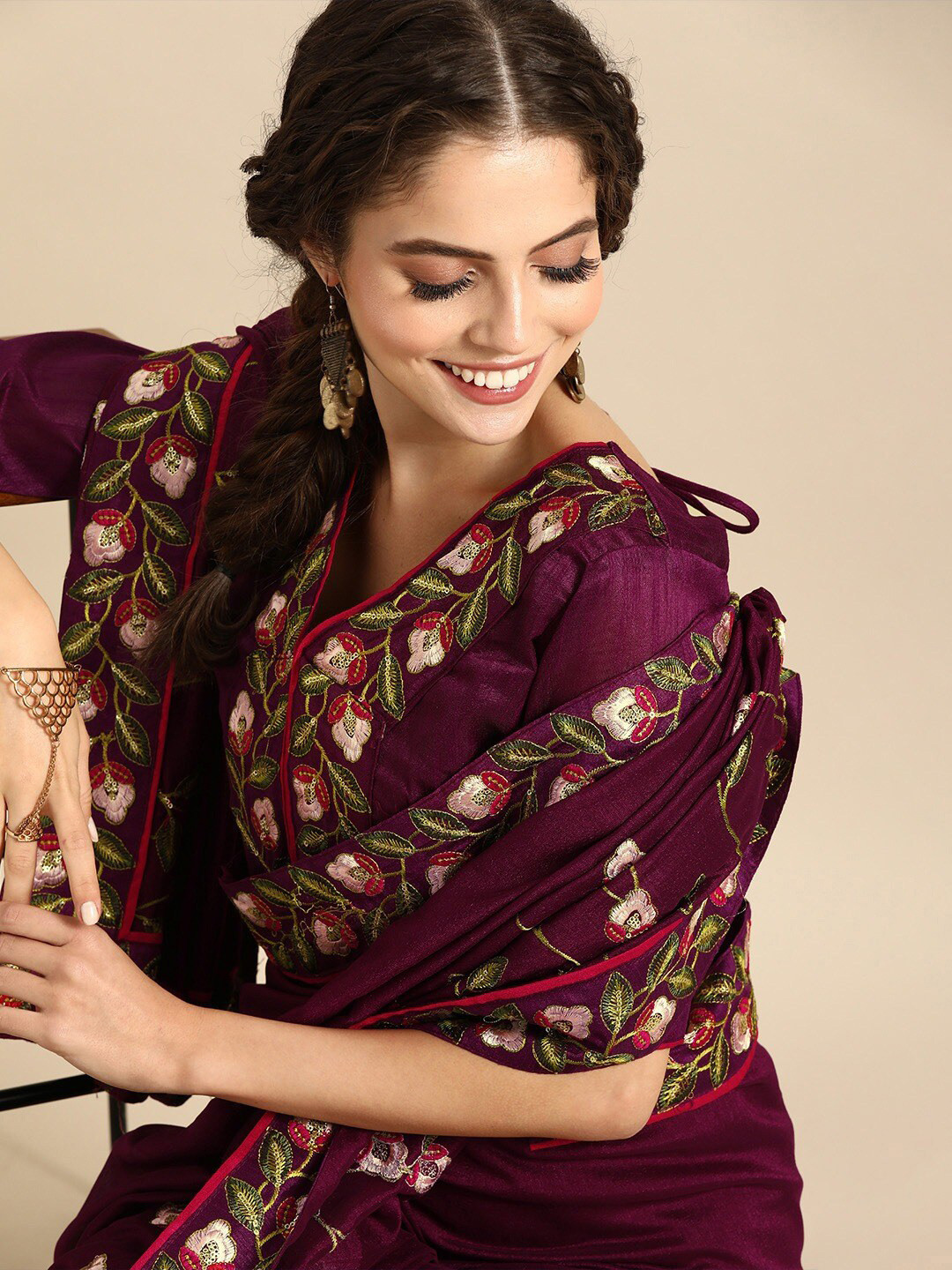 Sangria Burgundy Floral Embroidered Saree