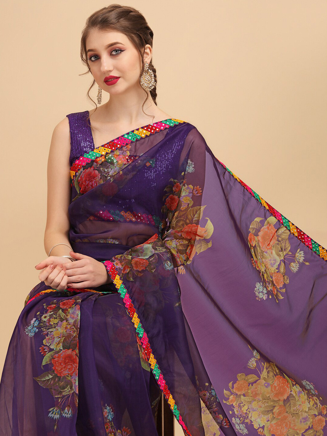 Sangria Floral Printed Mirror Work Sarees
