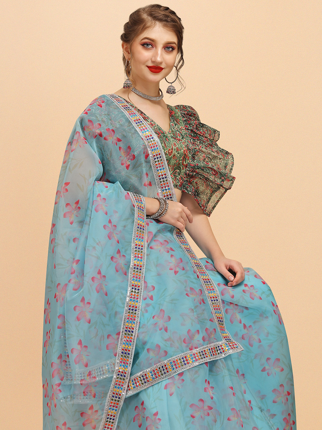 Sangria Sea Green Floral Mirror Work Organza Heavy Work Saree